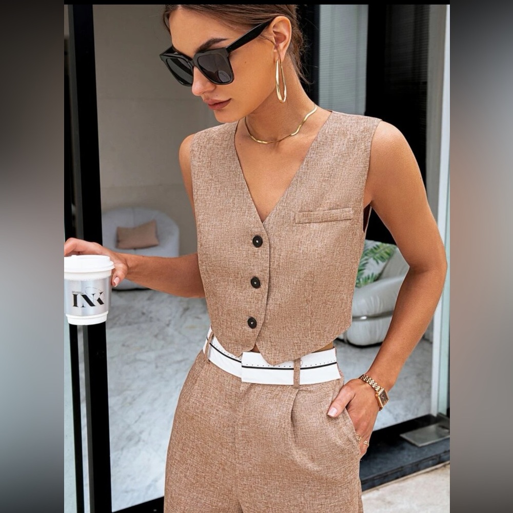 💛 Womens Collection Button Front Vest Blazer & Wide Leg Pants Set - Picture 3 of 12